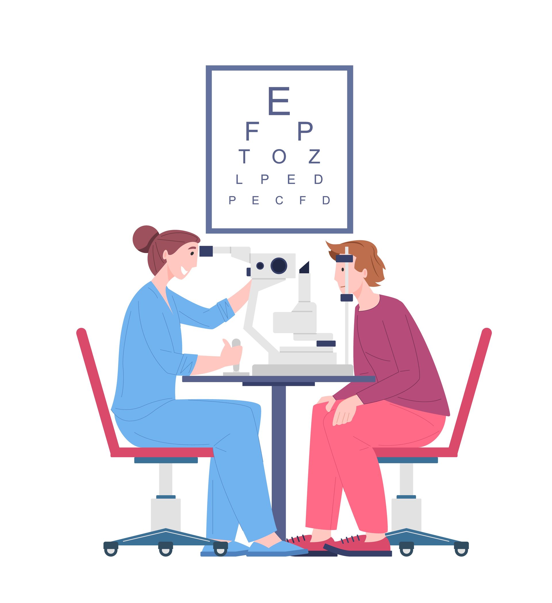 A woman is examining a man 's eye with a microscope.