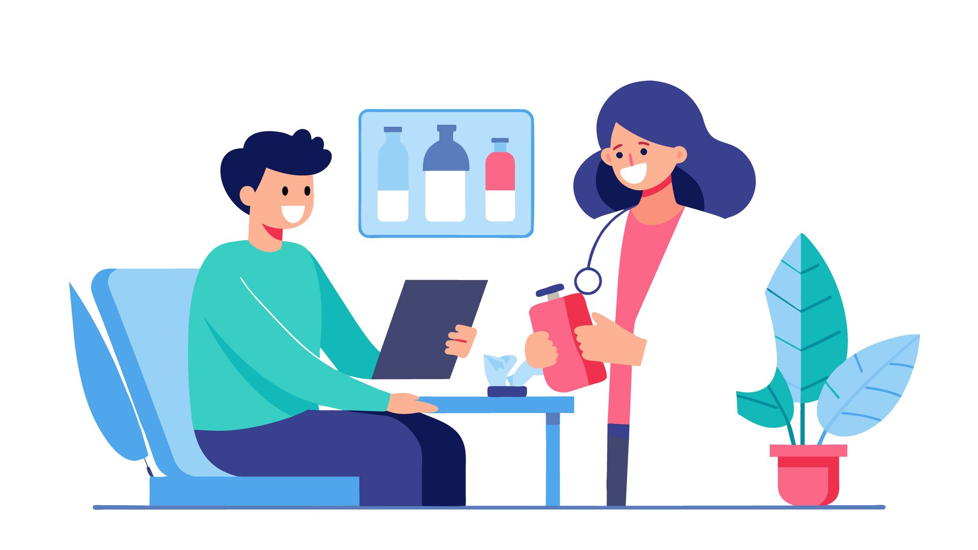 A doctor is talking to a patient who is sitting at a table.