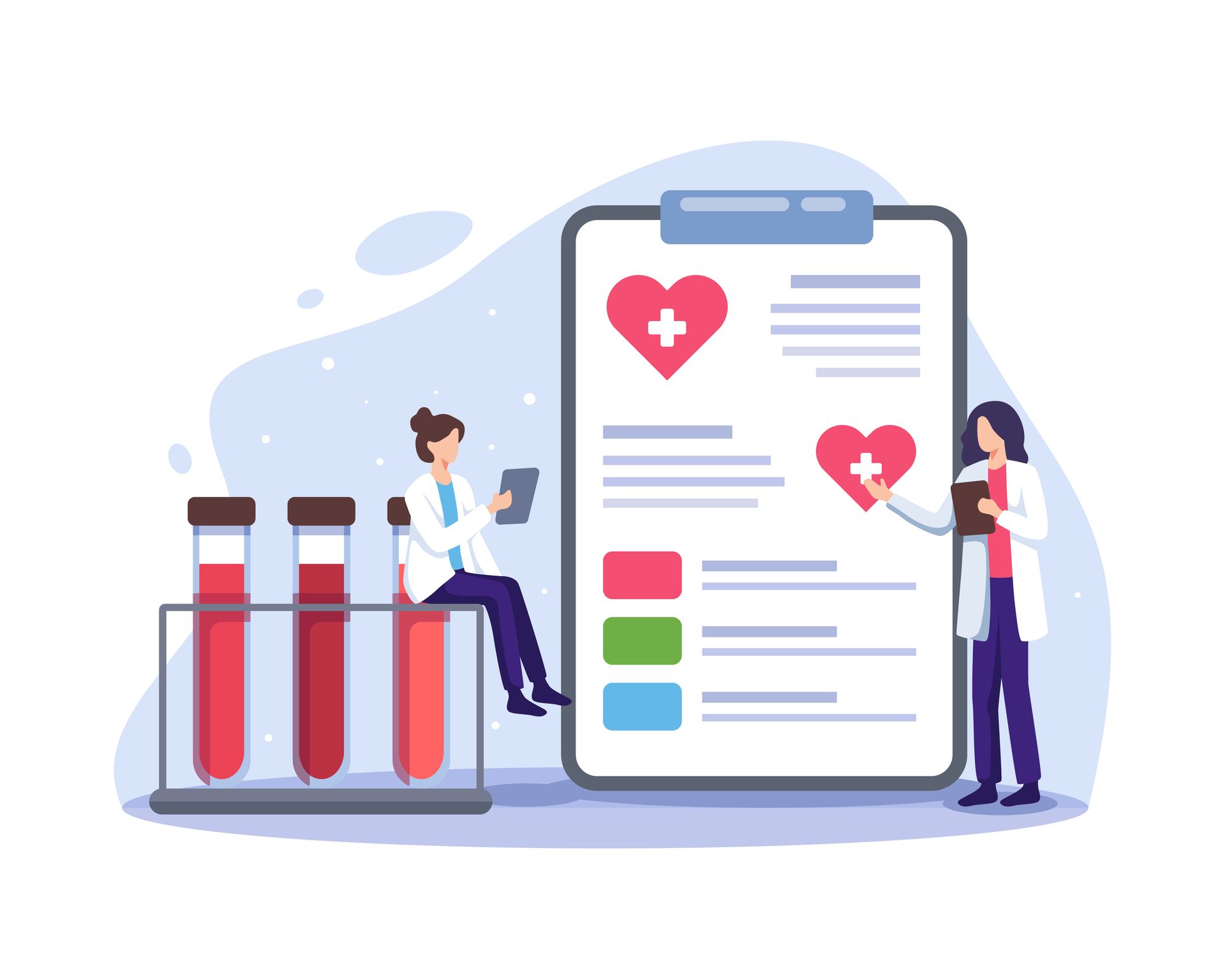 Two doctors are standing next to a clipboard with a heart on it.