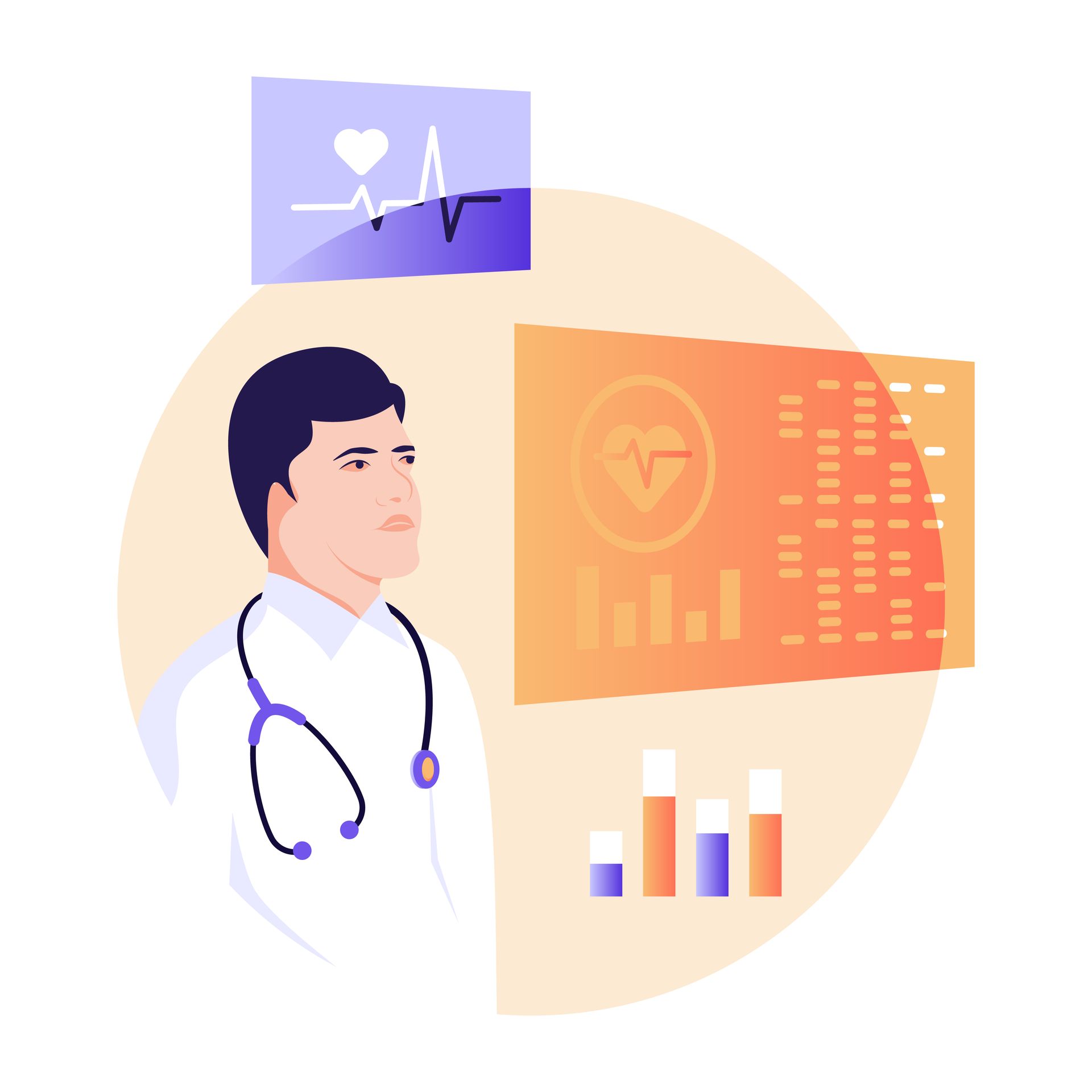 A doctor with a stethoscope around his neck is looking at a screen.