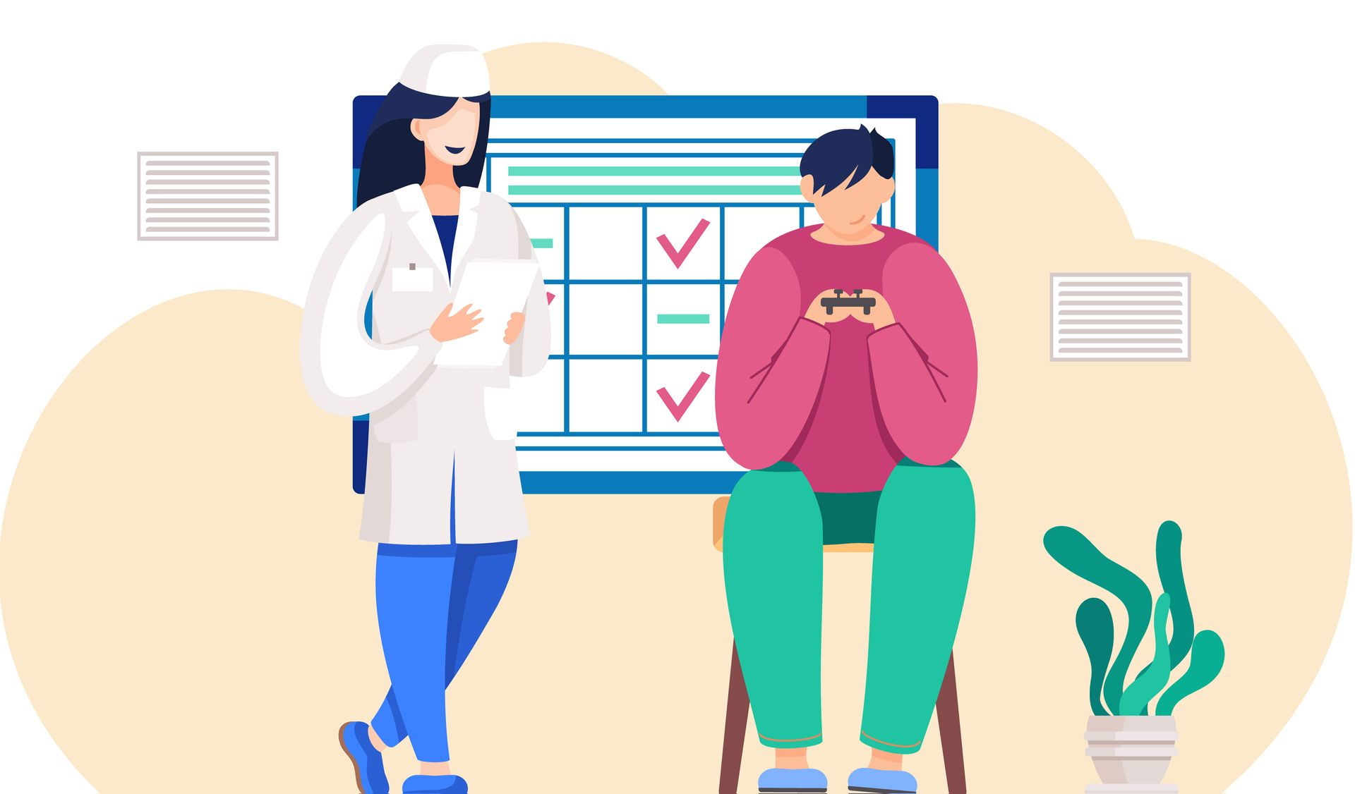 A doctor is talking to a patient who is sitting in a chair.