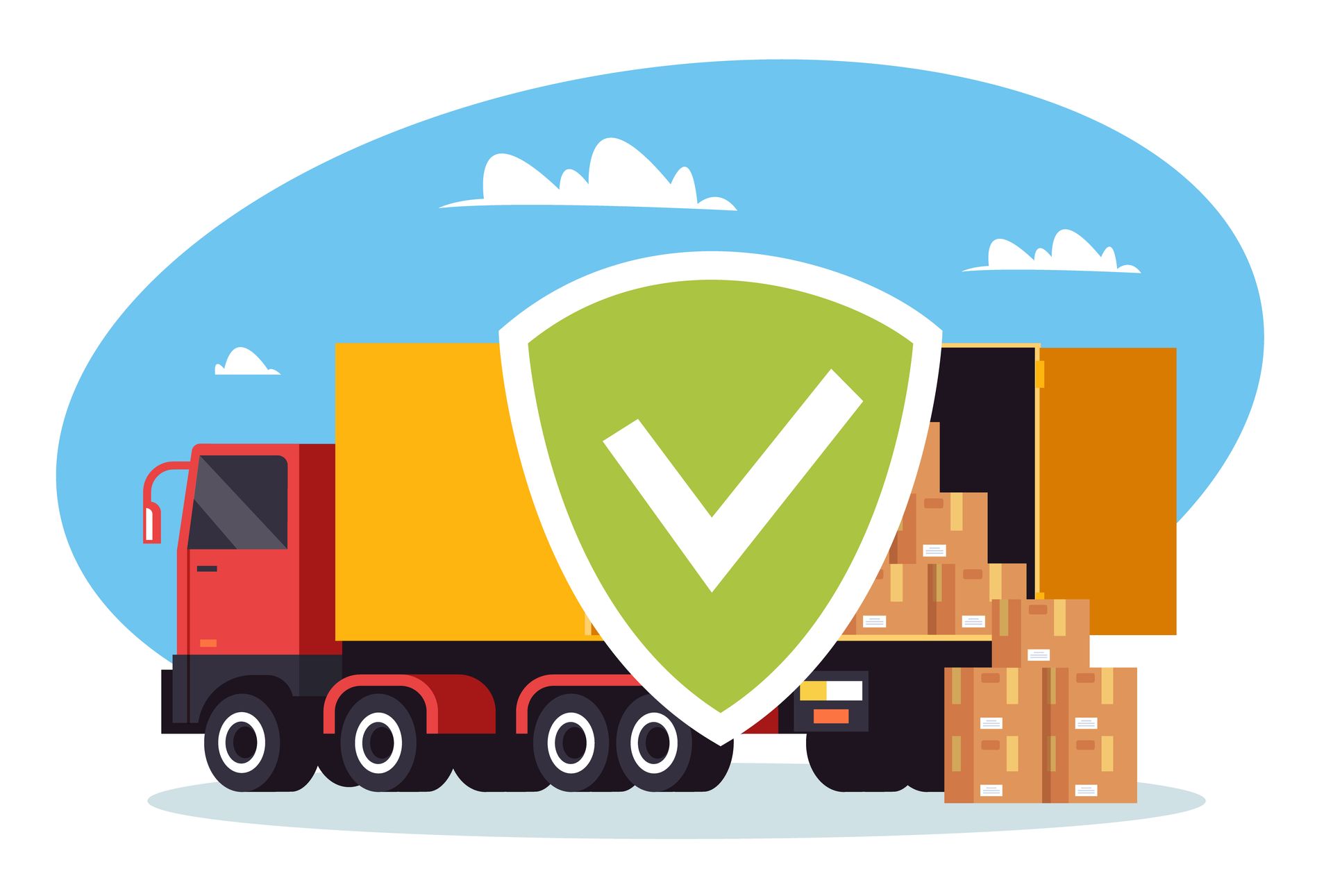 A truck with boxes and a shield with a check mark on it.