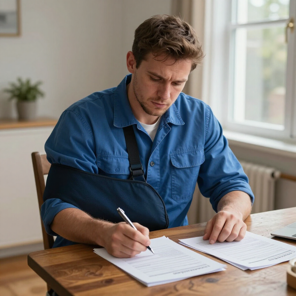 A person wearing a blue arm sling sits at a wooden desk, focused on writing on documents.