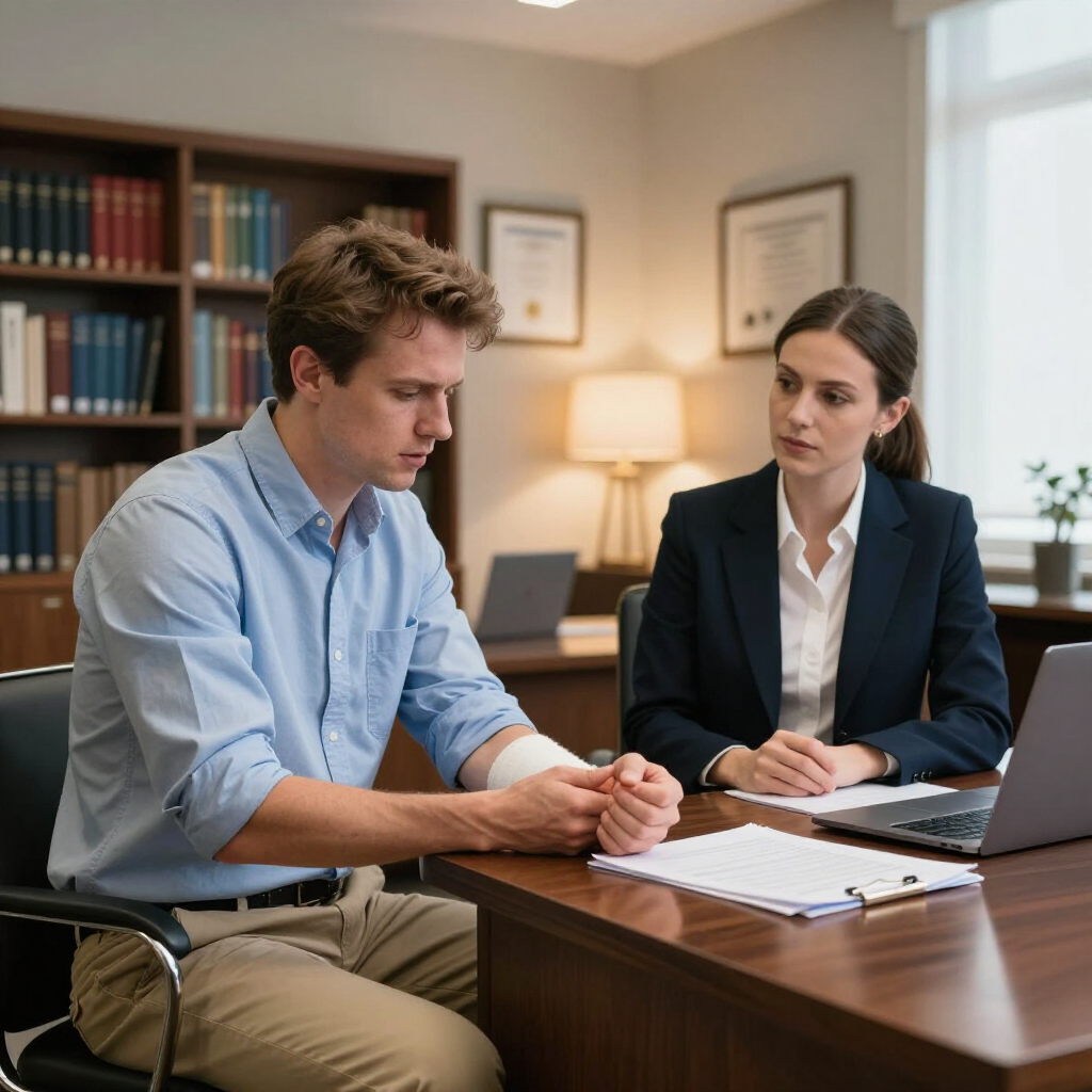 A person with a bandaged wrist sits at a desk across from someone in a suit in an office with bookshelves.