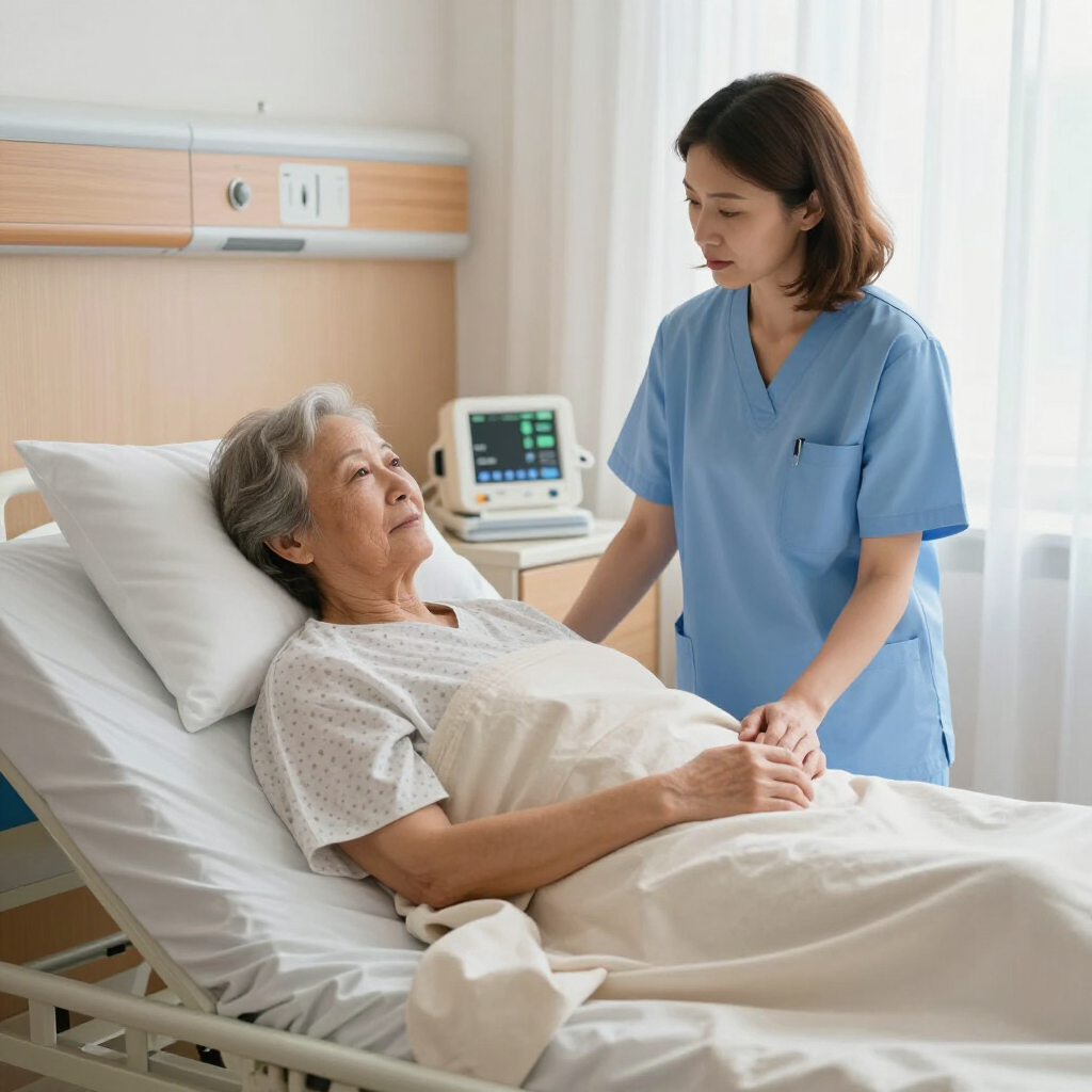 A caregiver in blue scrubs comforting a patient lying in a hospital bed. A caregiver in blue scrubs comforting a patient lying in a hospital bed.