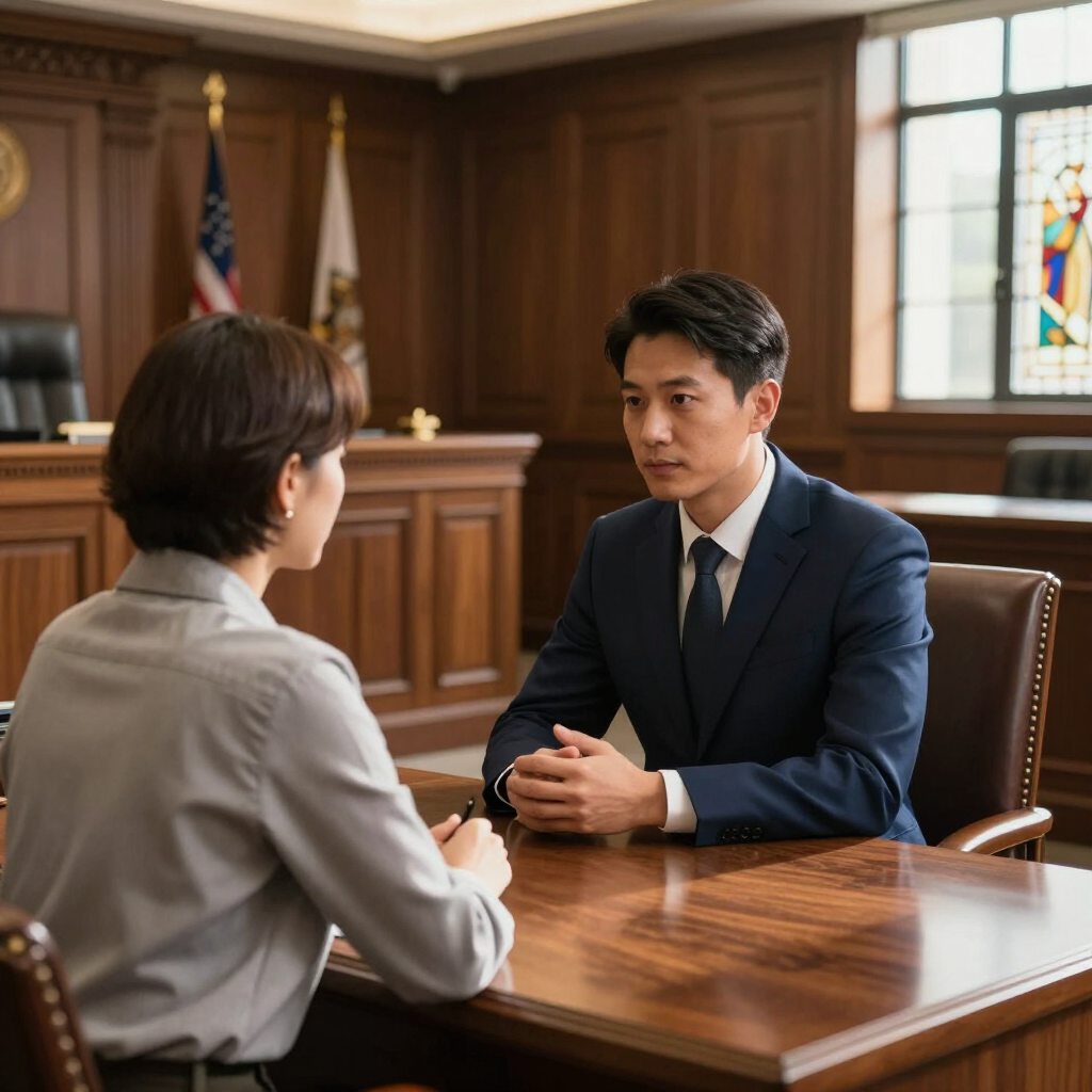 Two people sit across a wooden desk in a courtroom, engaged in a formal discussion.