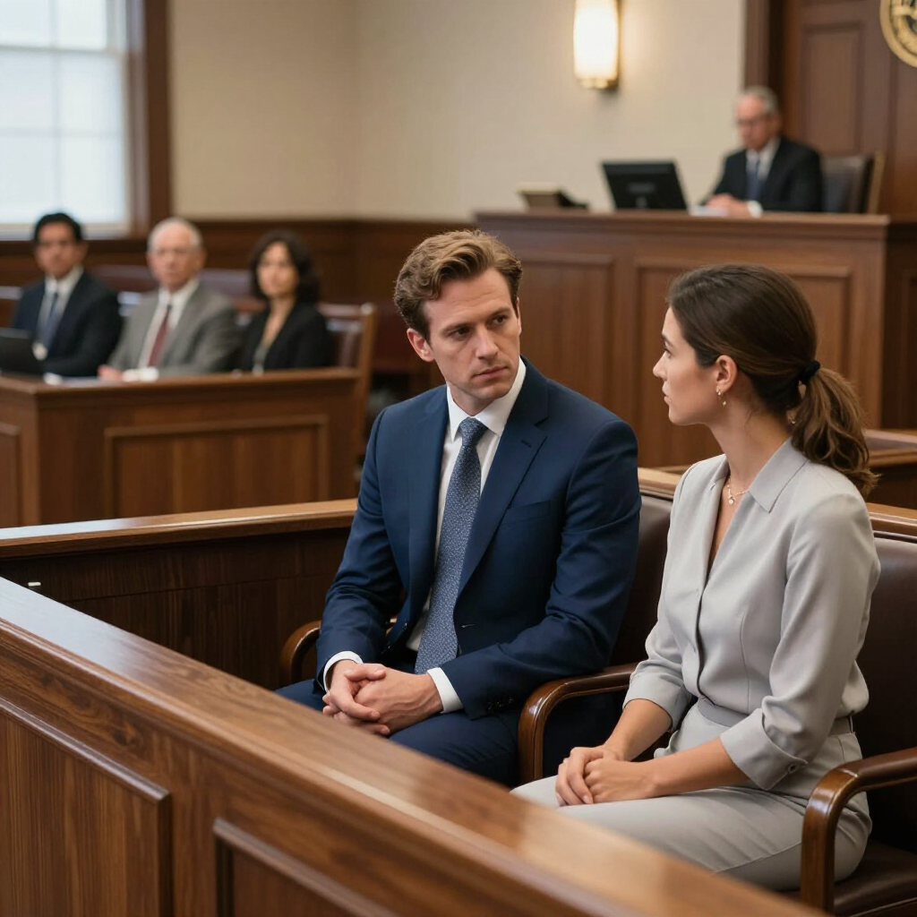 A man and woman in professional attire sit in a courtroom, looking at each other while other people sit in the background.