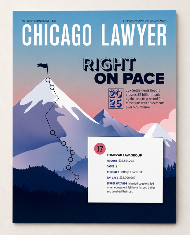 Chicago Lawyer magazine cover with “Right on Pace” over a mountain illustration and event details.