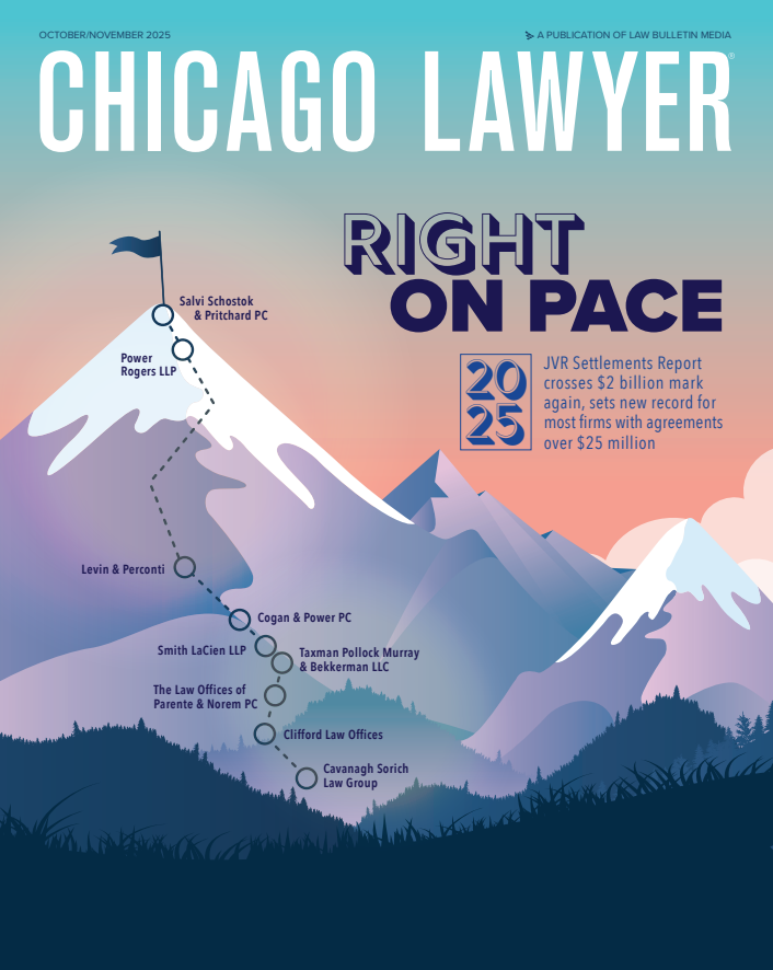 Chicago Lawyer magazine cover with snowy mountain illustration and “Right On Pace” title in blue and pink gradients