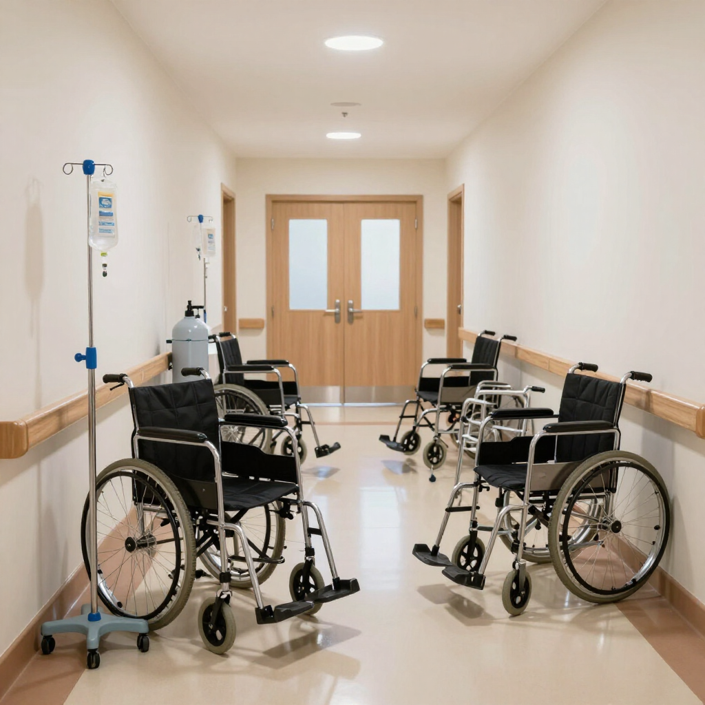 A hospital hallway with an IV pole and several empty wheelchairs parked on the polished floor.