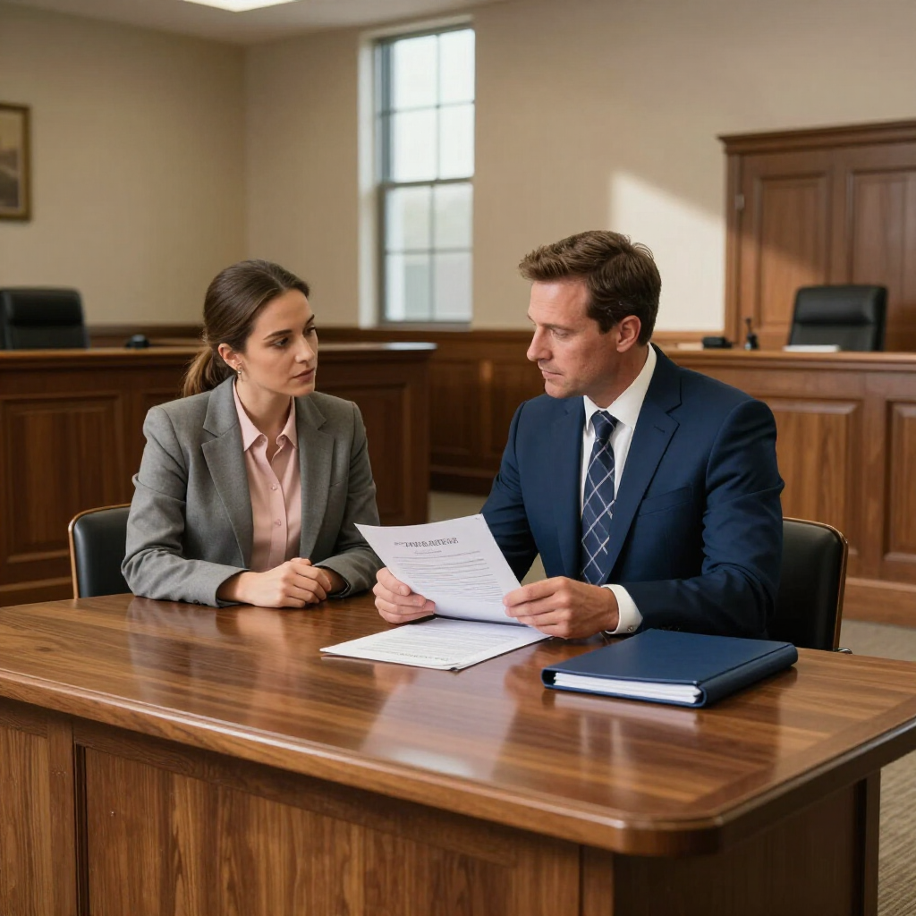 Two professionals in suits review documents at a wooden table inside a courtroom setting. Two professionals in suits review documents at a wooden table inside a courtroom setting.