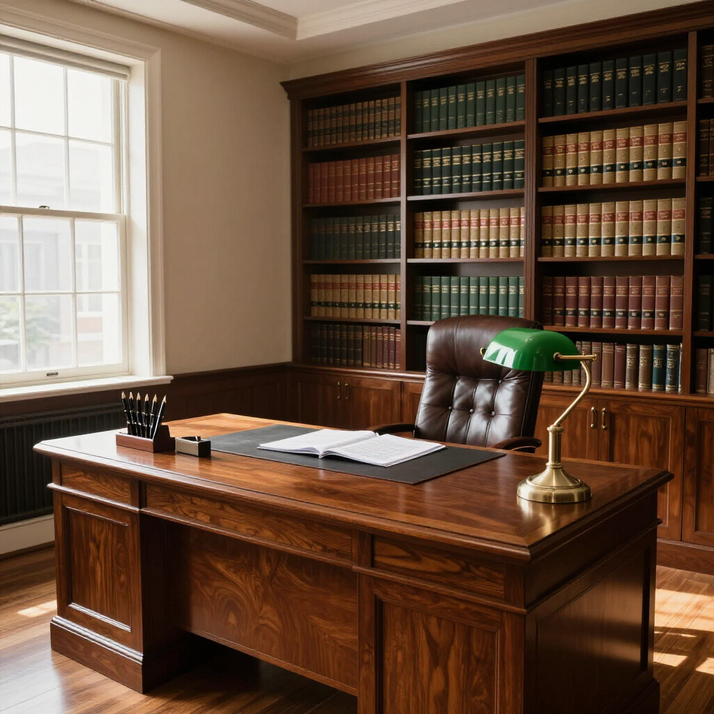 A wooden desk with a green bankers lamp and open book, set in a wood-paneled office library with floor-to-ceiling shelves.