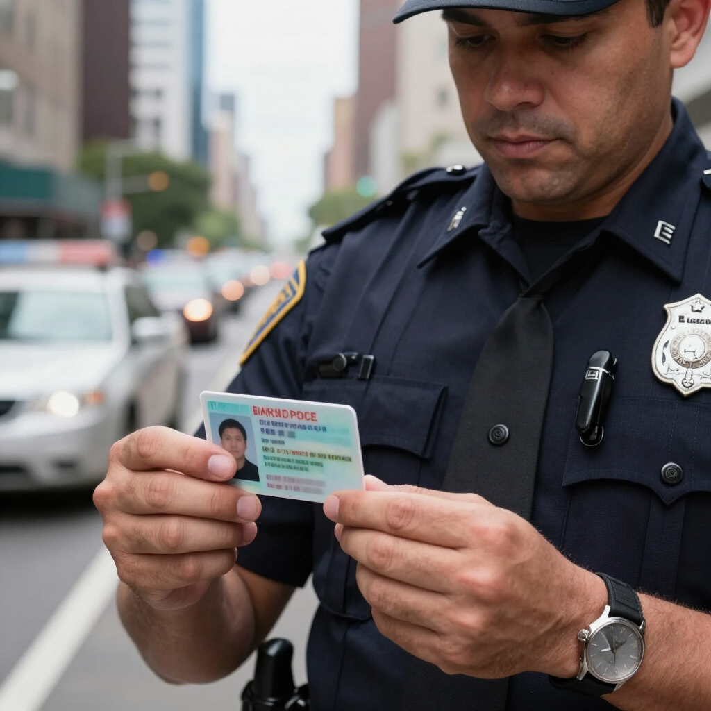 A police officer in uniform stands on a street, looking down while holding an identification card.
