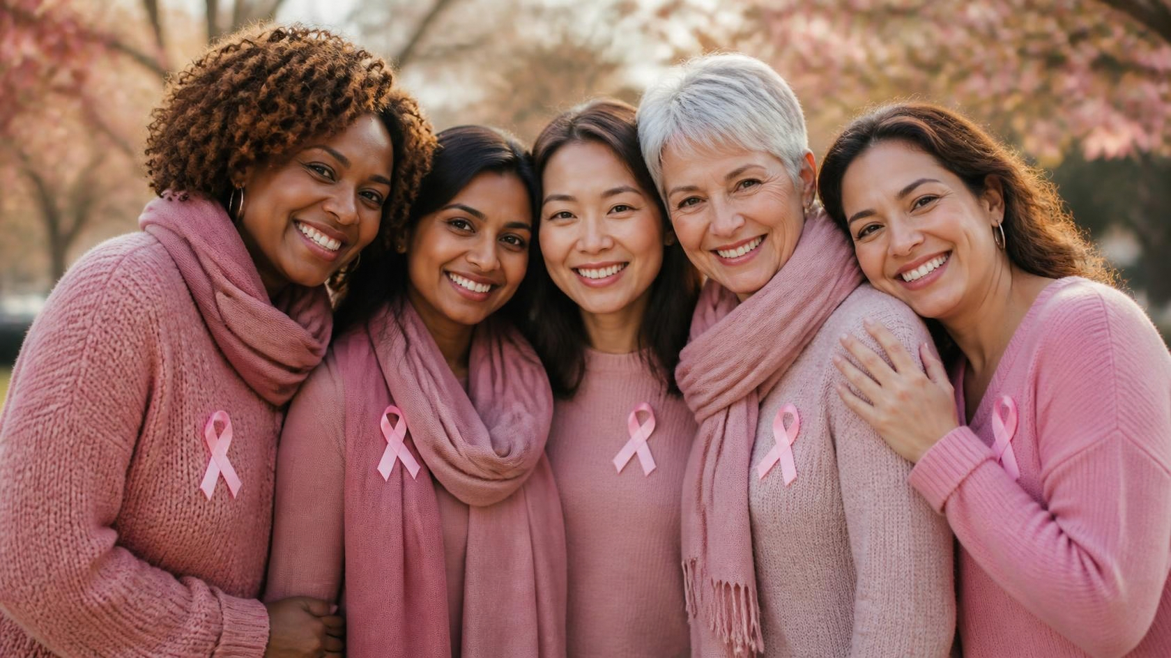 Smiling diverse women in pink sweaters and scarves wearing pink ribbons for breast cancer awareness