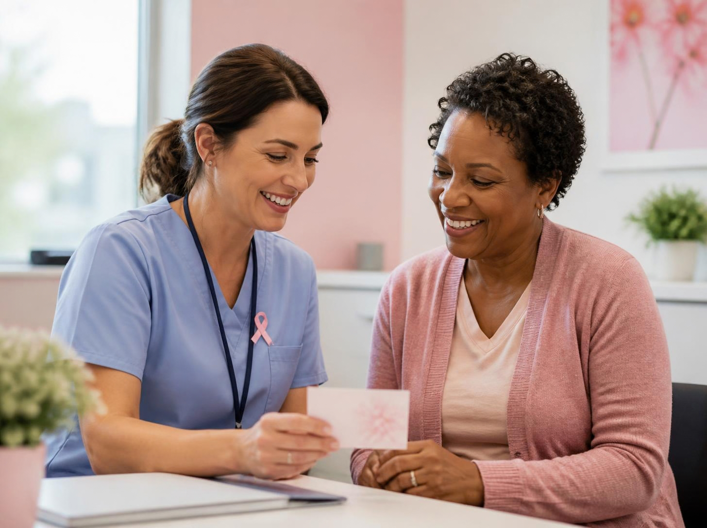 A nurse with a pink ribbon pin reviewing an appointment card with a smiling woman in a bright clinic