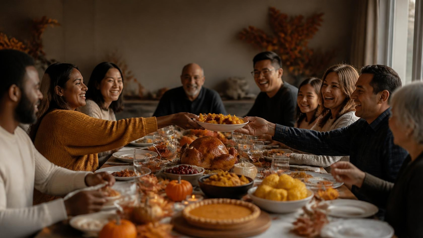 Diverse friends and family sharing a Thanksgiving dinner of turkey, squash and pie