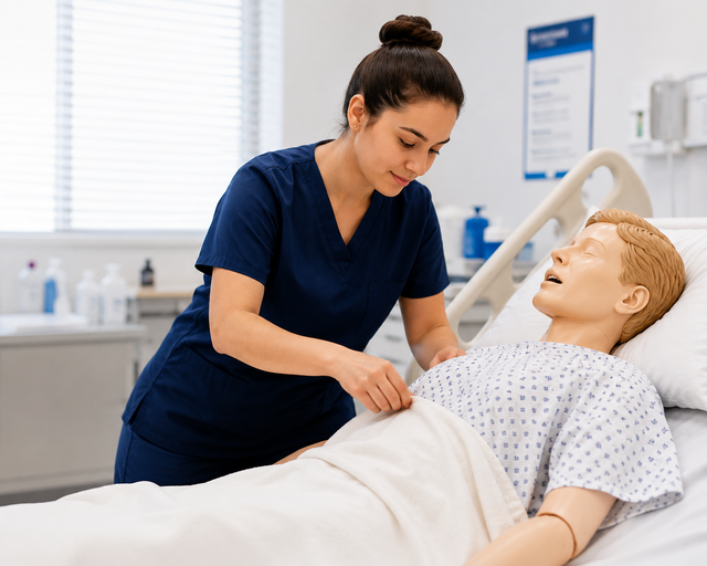 A PSW student practising patient care in a training lab