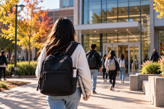 Students walking to class on a college campus in autumn