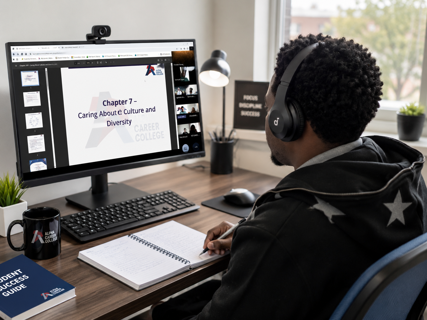 A student wearing headphones attends a live online class on a desktop computer