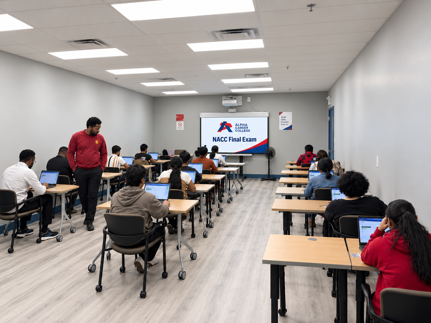 Students write an exam on laptops in a classroom while an invigilator looks on