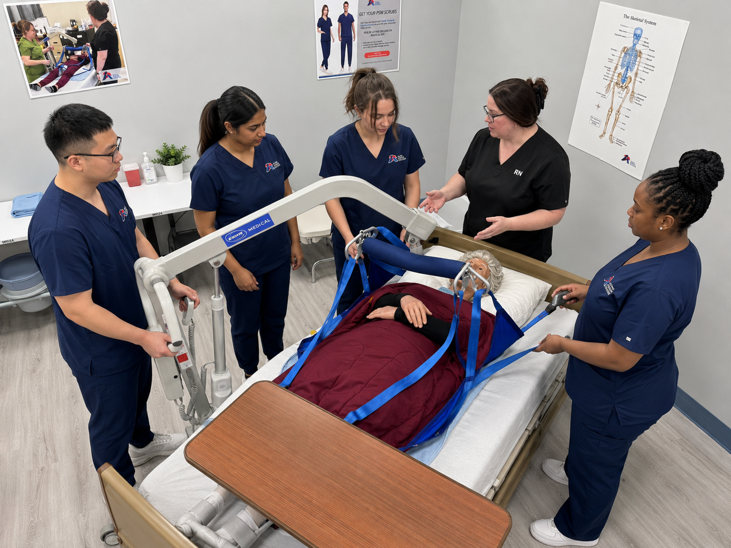 Students in scrubs practise a mechanical lift transfer with an instructor in a training lab
