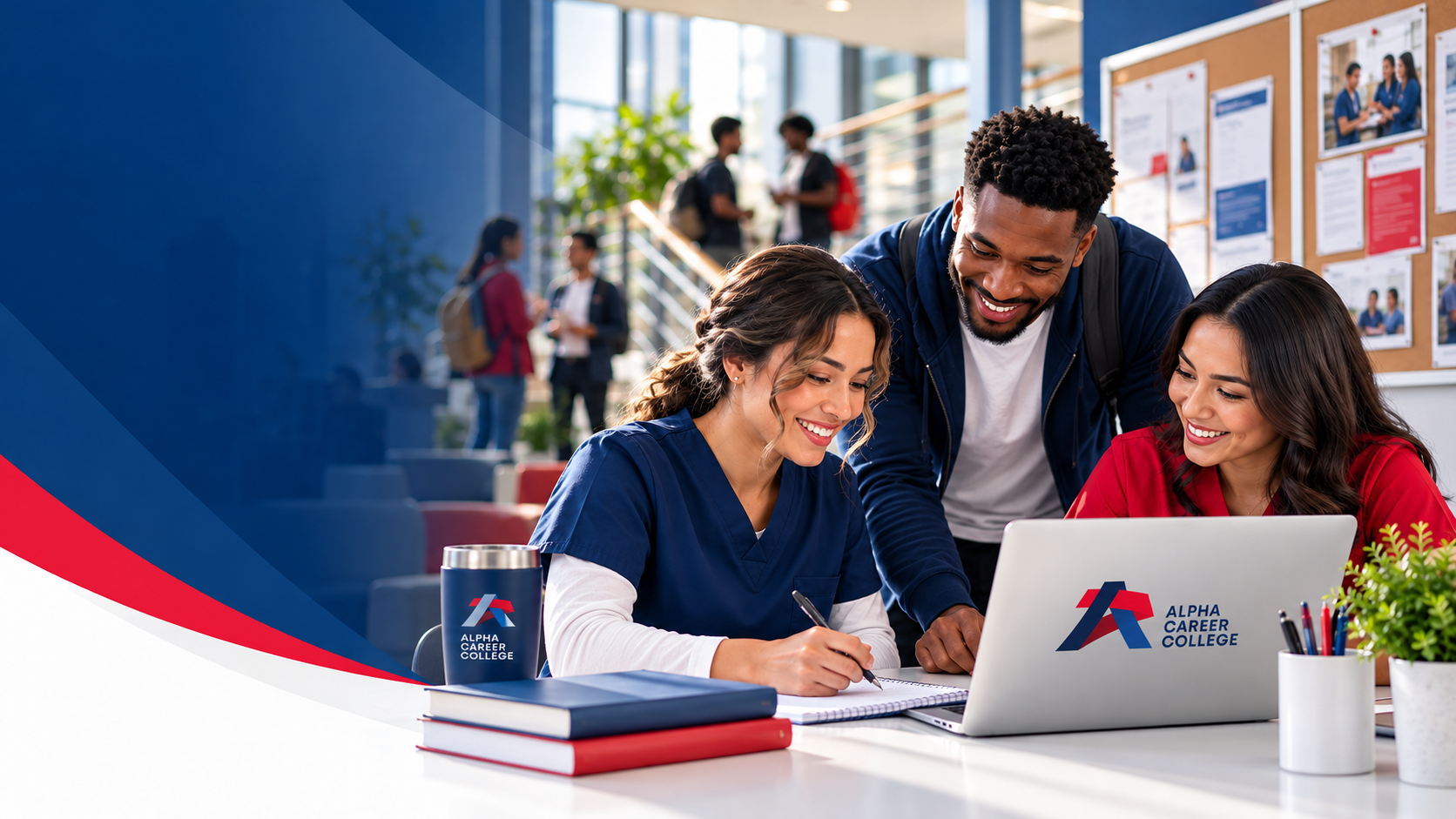 Alpha Career College students reviewing their October 2026 schedule together on a laptop