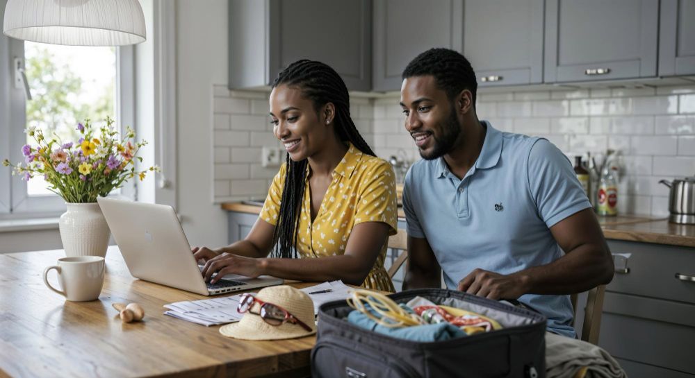 Couple working on a laptop at a kitchen table with coffee, papers, and an open suitcase nearby