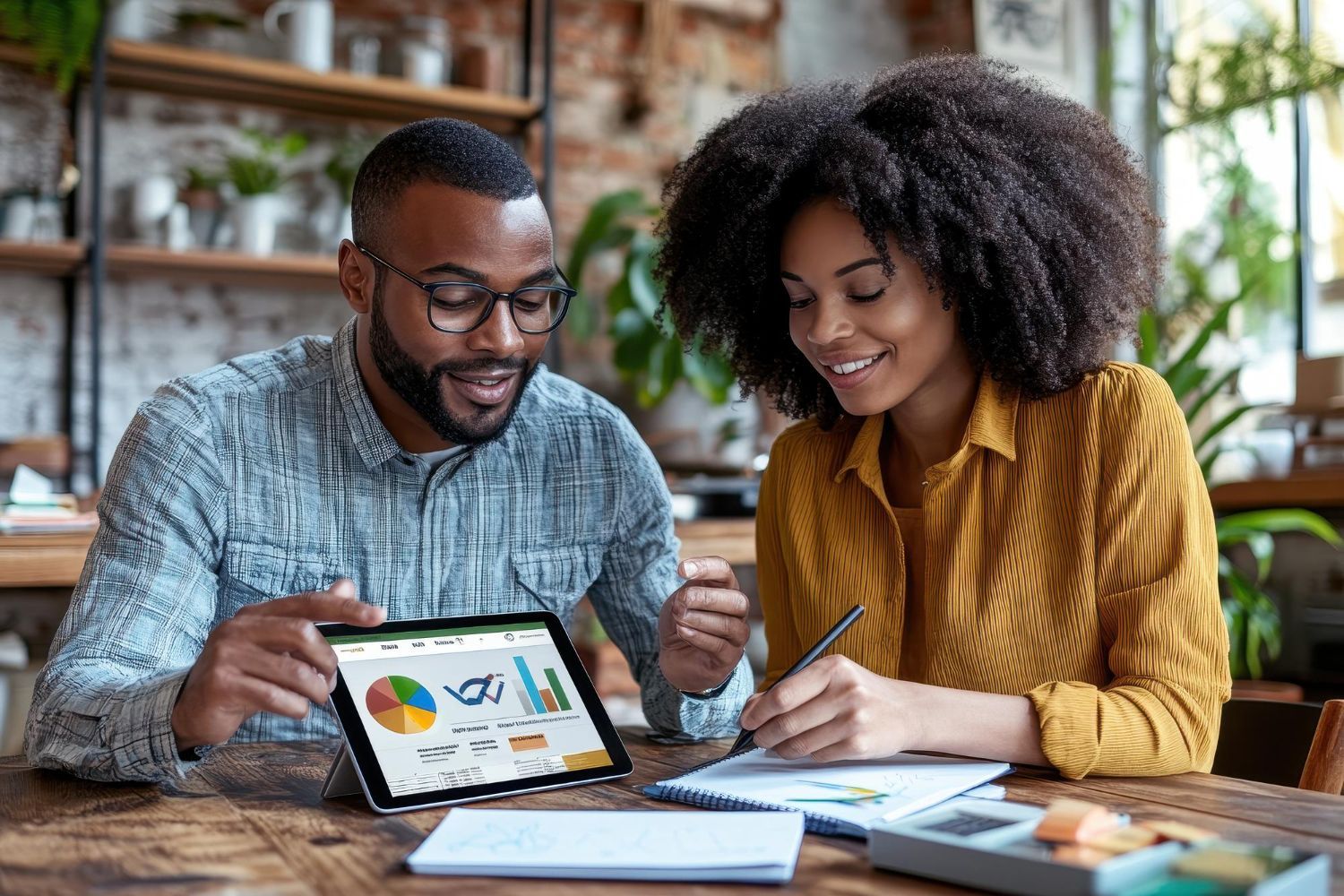 Two people reviewing charts on a tablet at a wooden table in a bright café