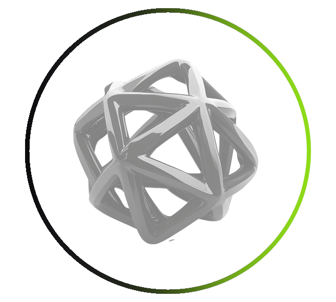Gray abstract geometric sphere inside a thin black-to-green circular ring on a white background