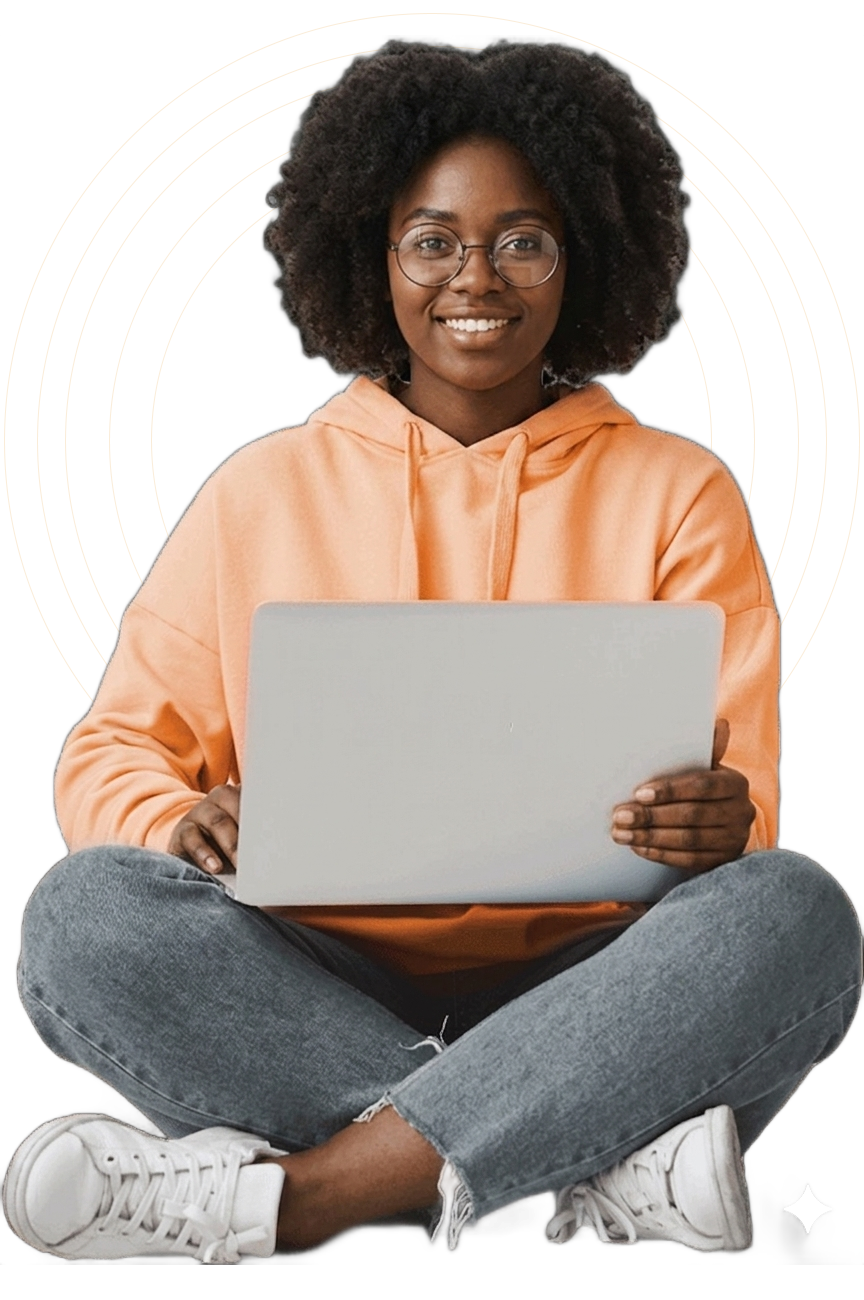 Person sitting cross-legged with a laptop, wearing a peach hoodie and jeans on a white background