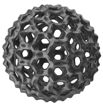Black perforated geometric sphere with organic, wavy surface on a white background
