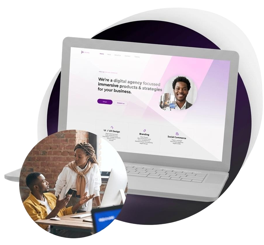 Laptop displaying a business website with a purple accent and a circular inset of coworkers collaborating