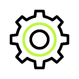 Black gear icon with a lime green ring and inner circle on a white background