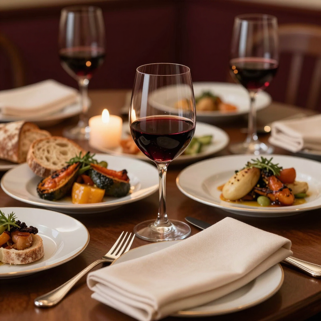 Elegant candlelit dining table with wine glasses, plated gourmet dishes, and folded napkins.
