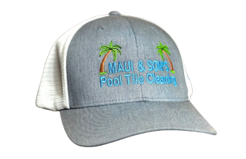 A grey and white baseball cap with the words maui & sons pool tile cleaning embroidered on it.