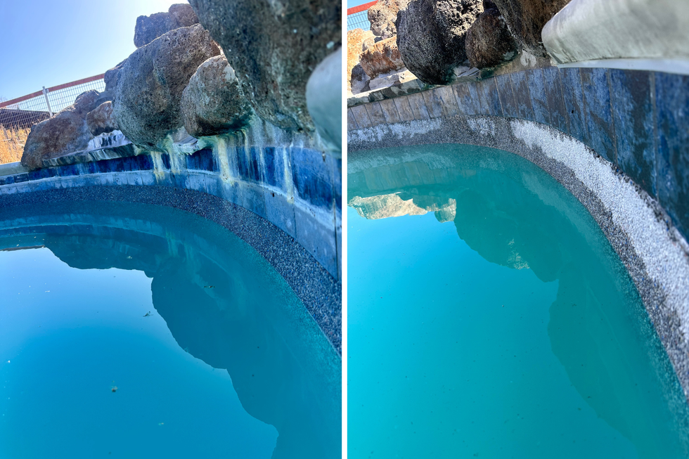 A before and after picture of a swimming pool with a waterfall.