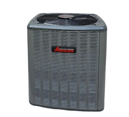 Gray Amana outdoor air conditioner unit with top fan and front grille
