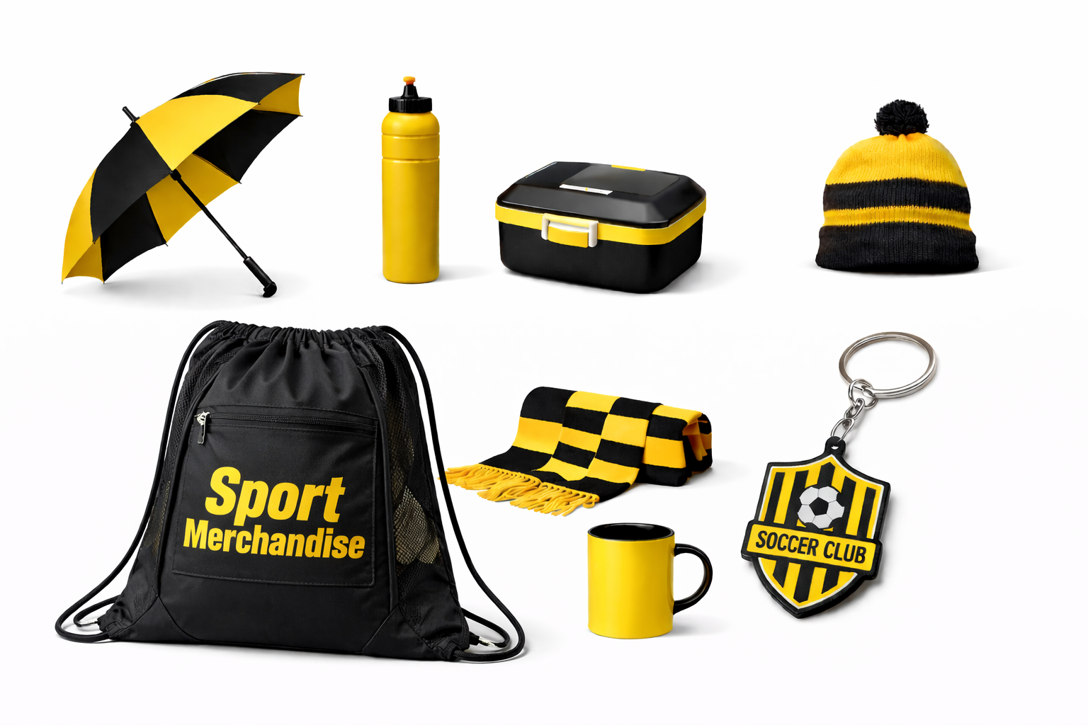Zwart-gele sportartikelen set: paraplu, waterfles, etui, muts, sporttas met trekkoord, mok en sleutelhangertje
