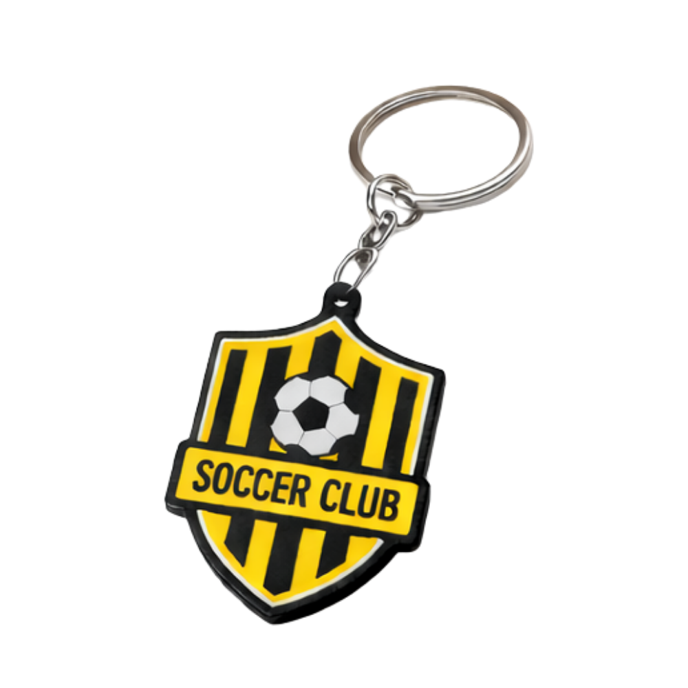 Sleutelhanger in geel-zwart met het clublogo van een voetbalclub.