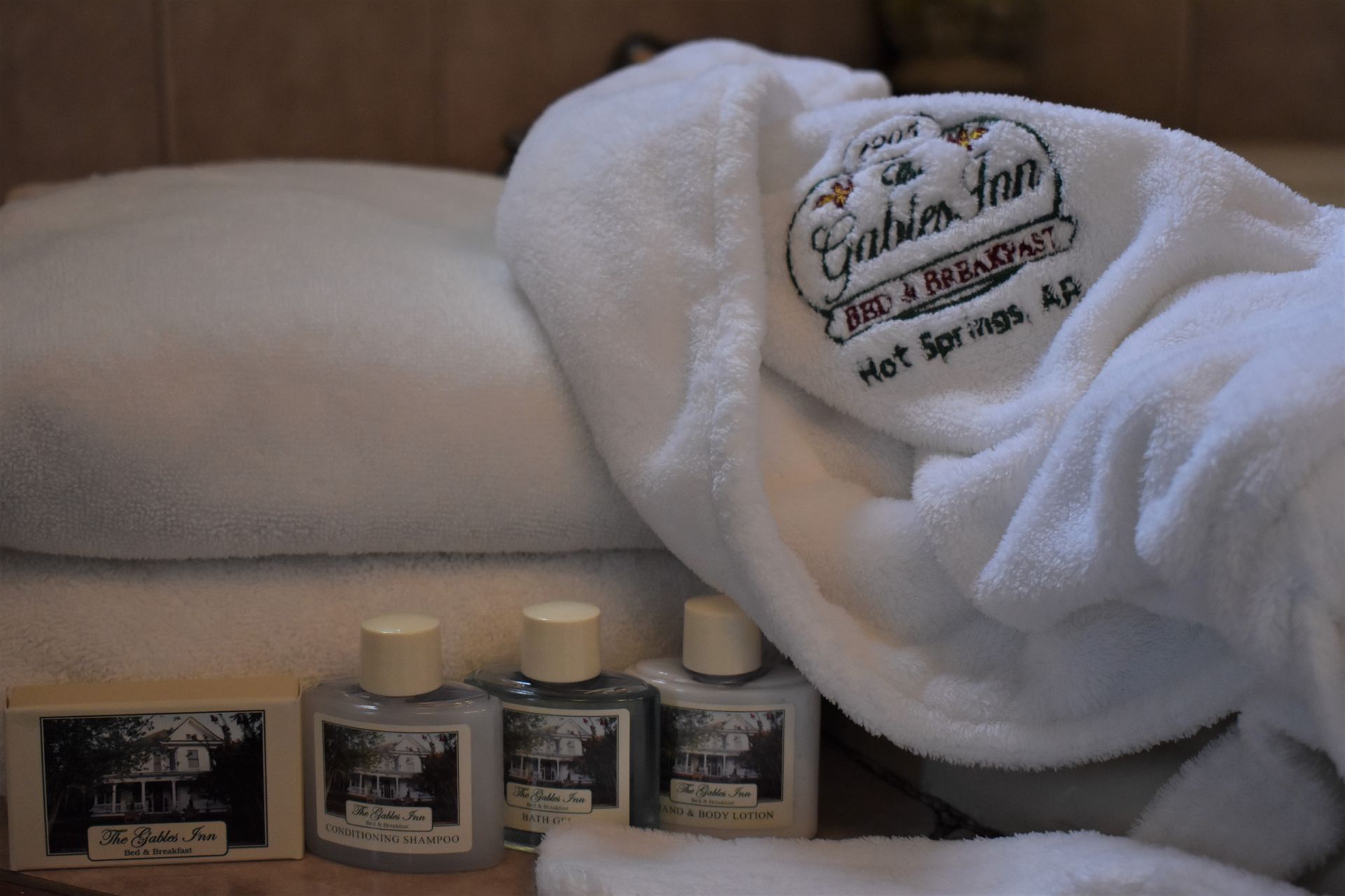White robe and toiletries at The Gables Inn, Hot Springs, AR.