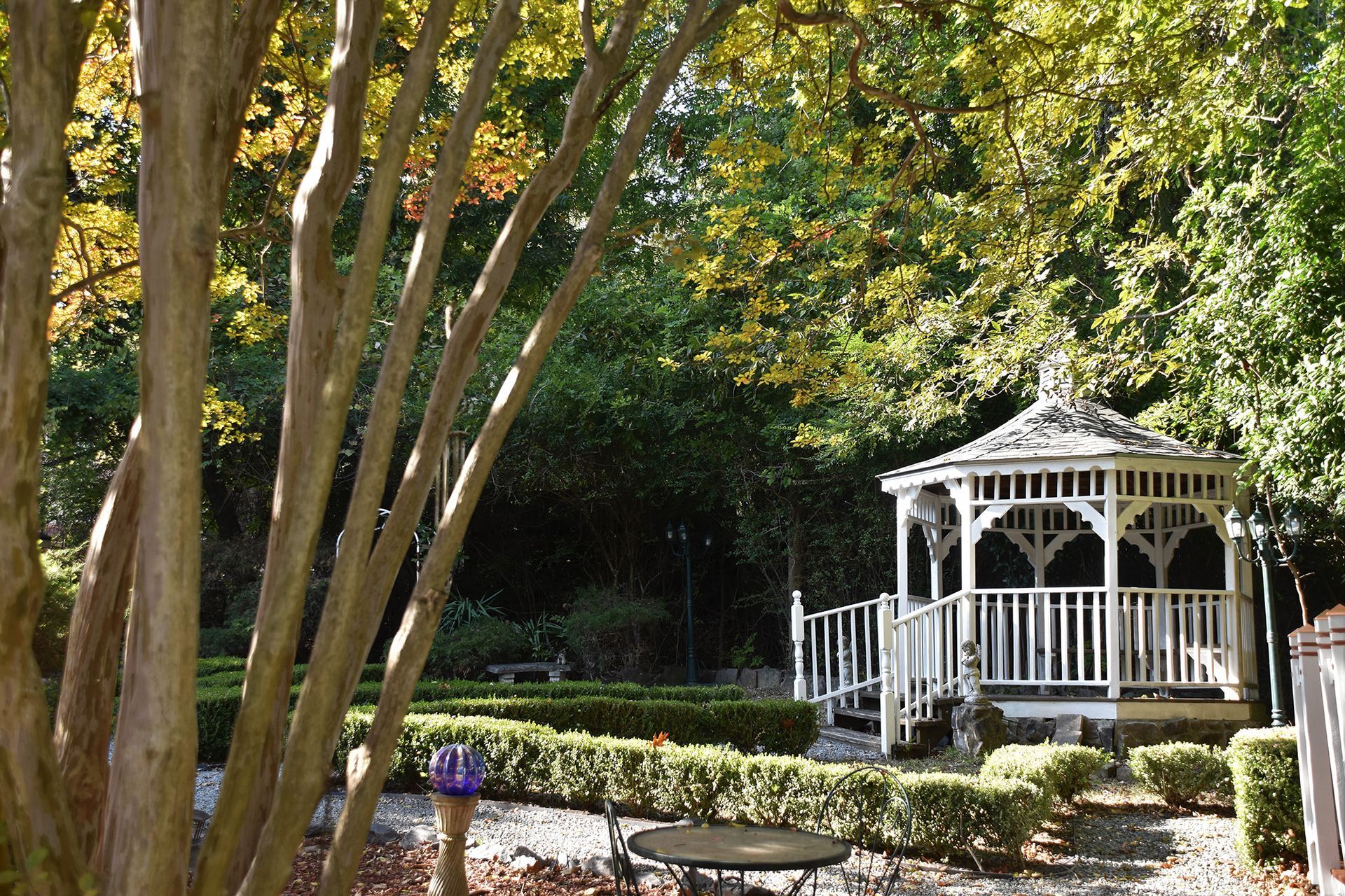White gazebo in a garden, surrounded by trees and hedges. Table and chair in foreground.