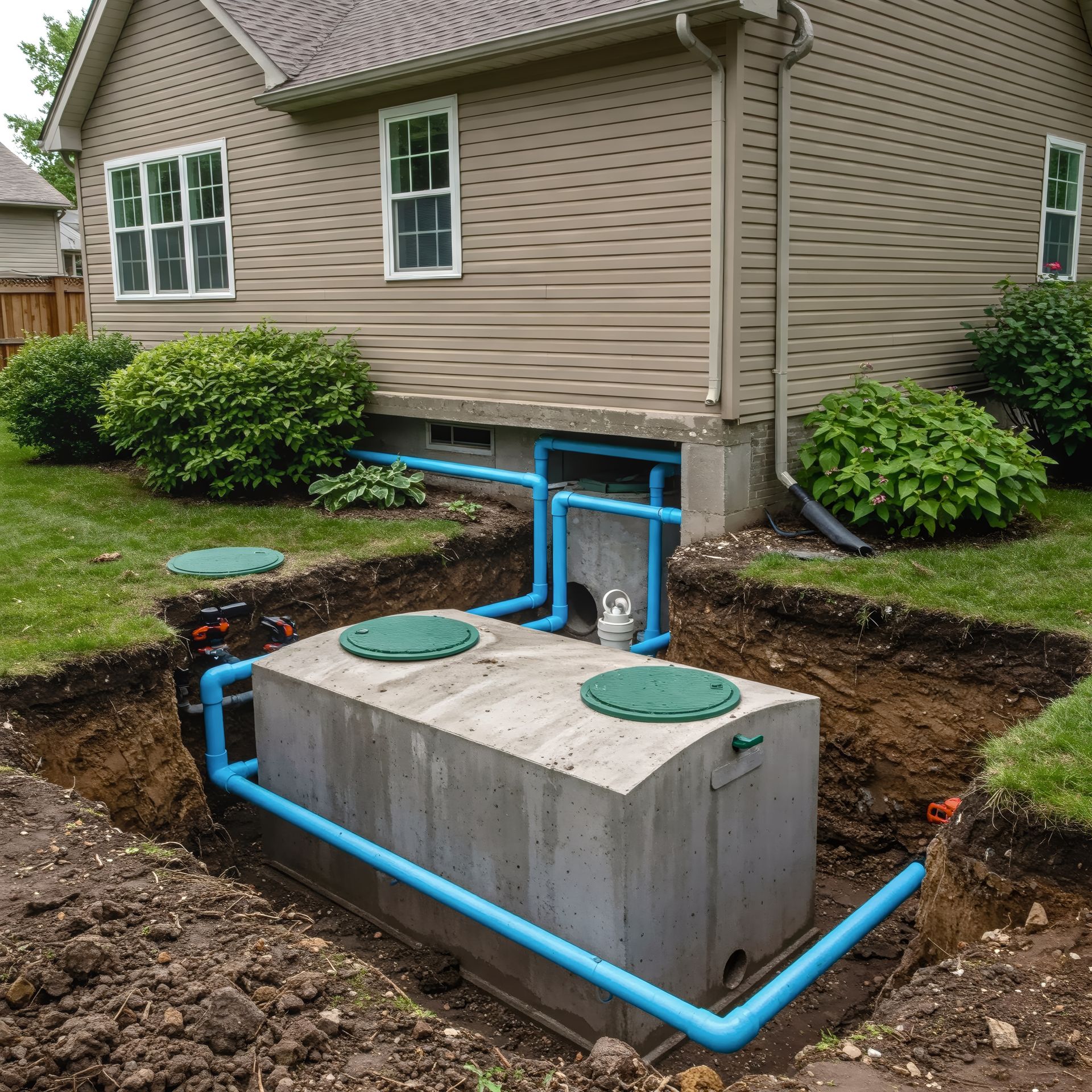 Excavator preparing ground for residential septic tank installation and drainage field. Excavator preparing ground for residential septic tank installation and drainage field.