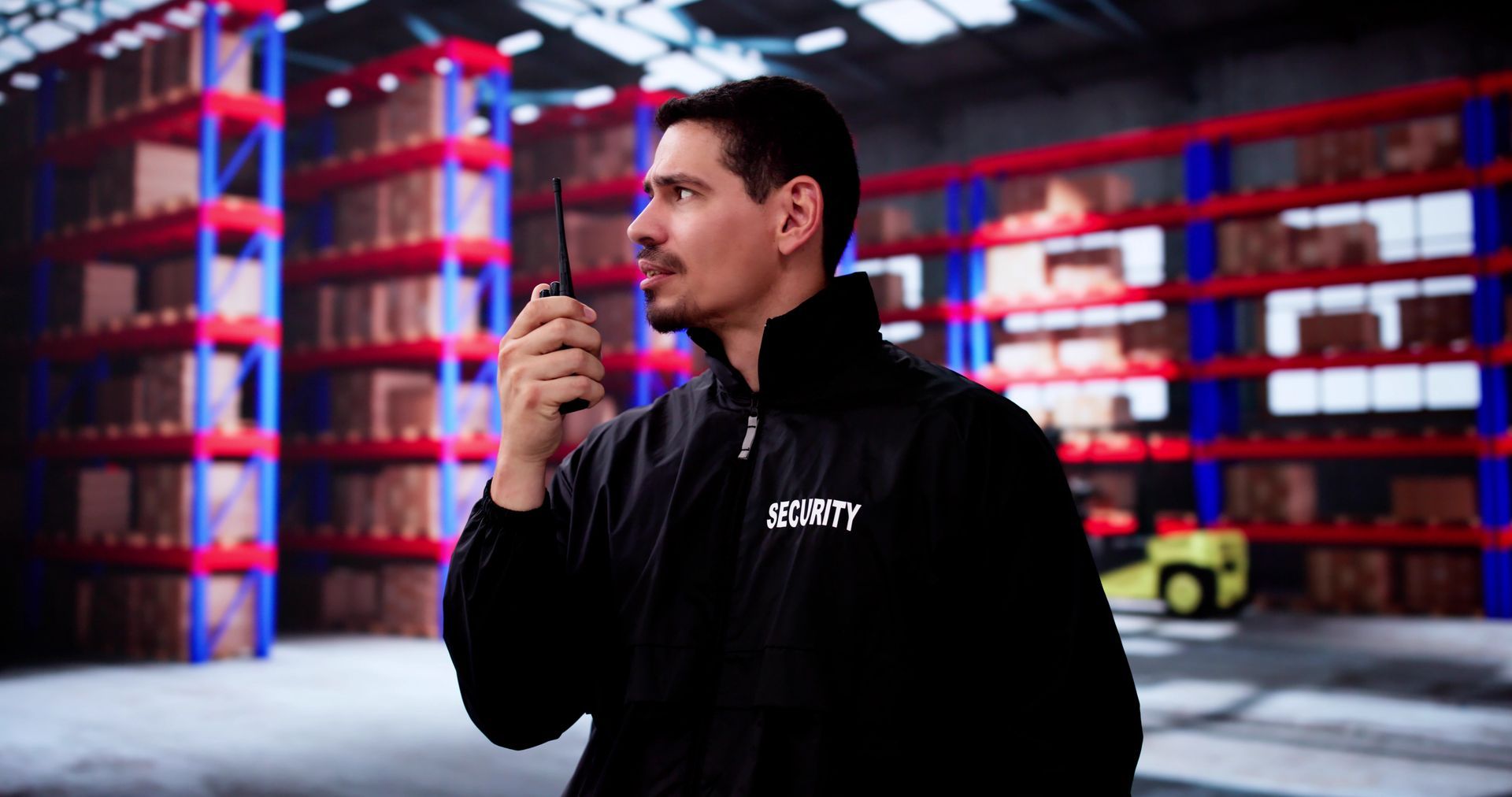Man in black jacket speaking into a walkie-talkie in a warehouse with stacked pallets and blue shelving