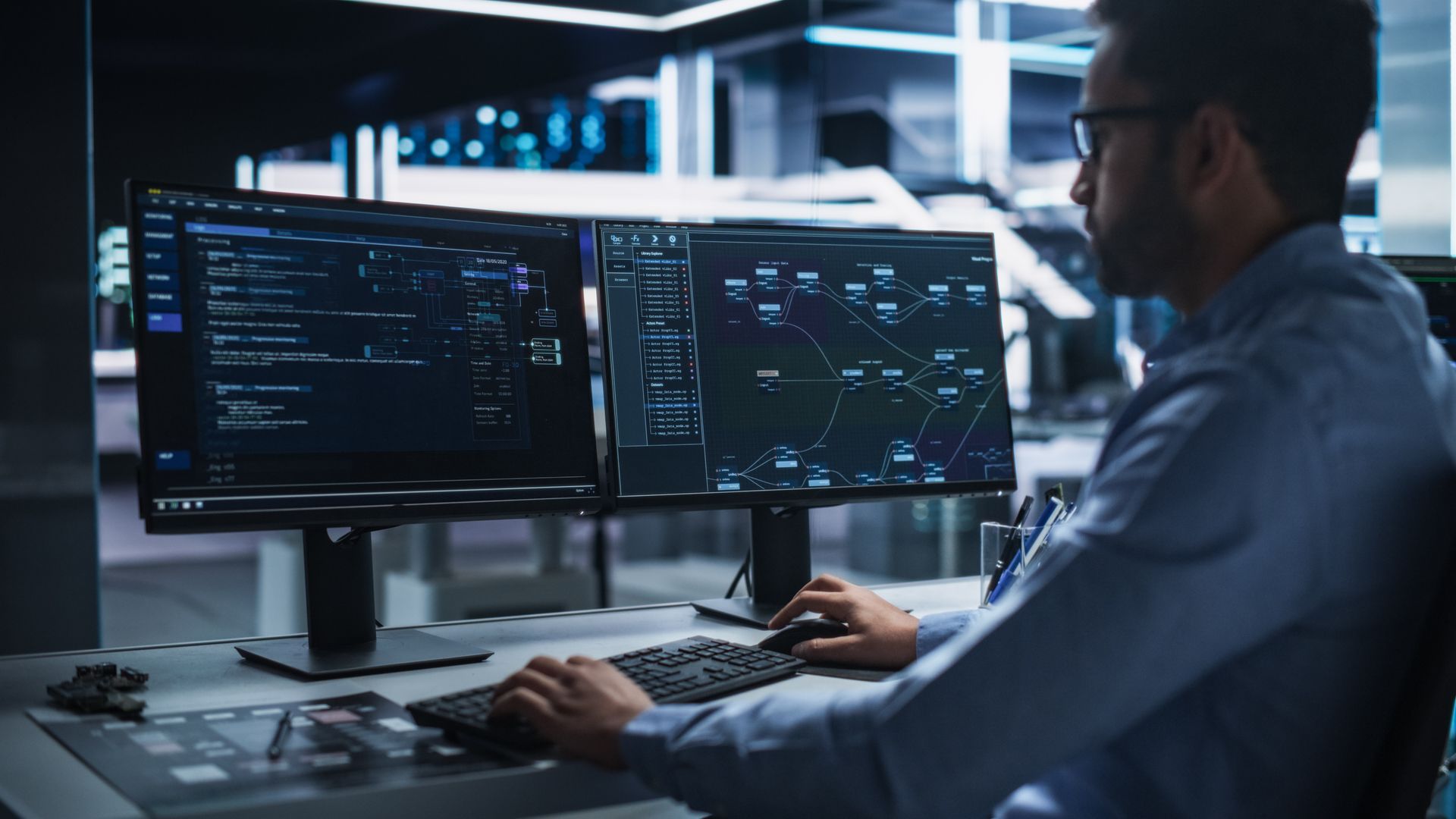 Developer at dual monitors analyzing code in a modern office workstation