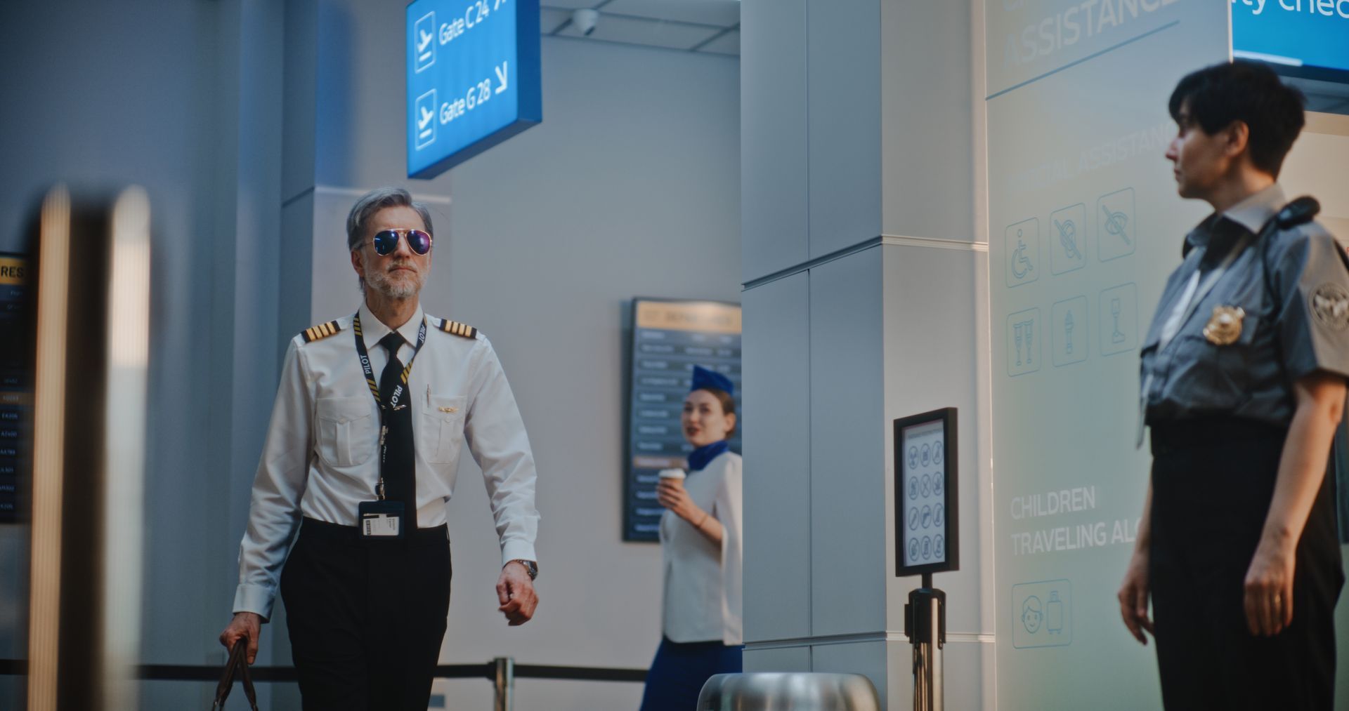 Man in sunglasses and tie walking through a bright corridor, with a security guard nearby.
