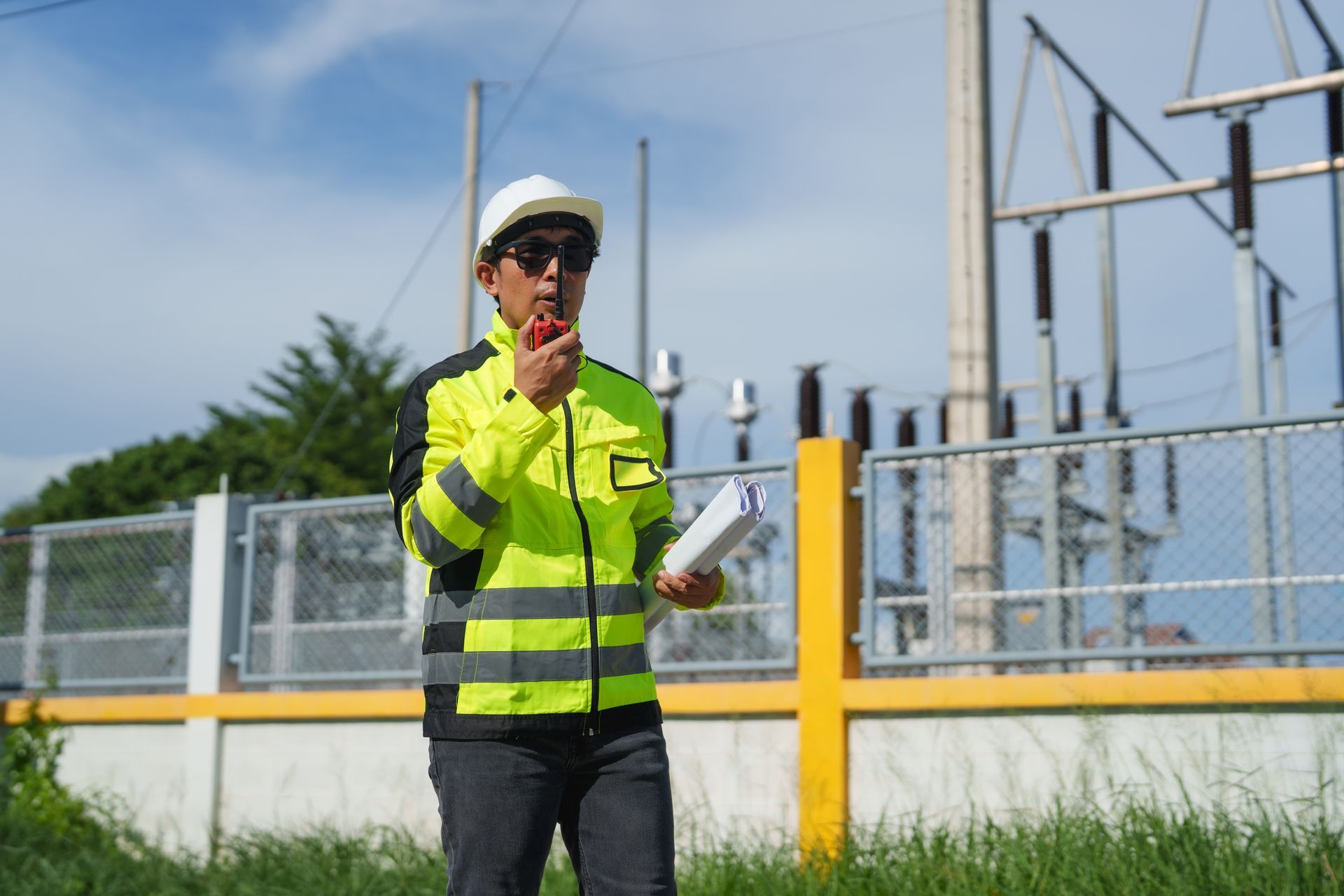 Worker in neon safety jacket speaking into a radio at an industrial site near a fenced facility.