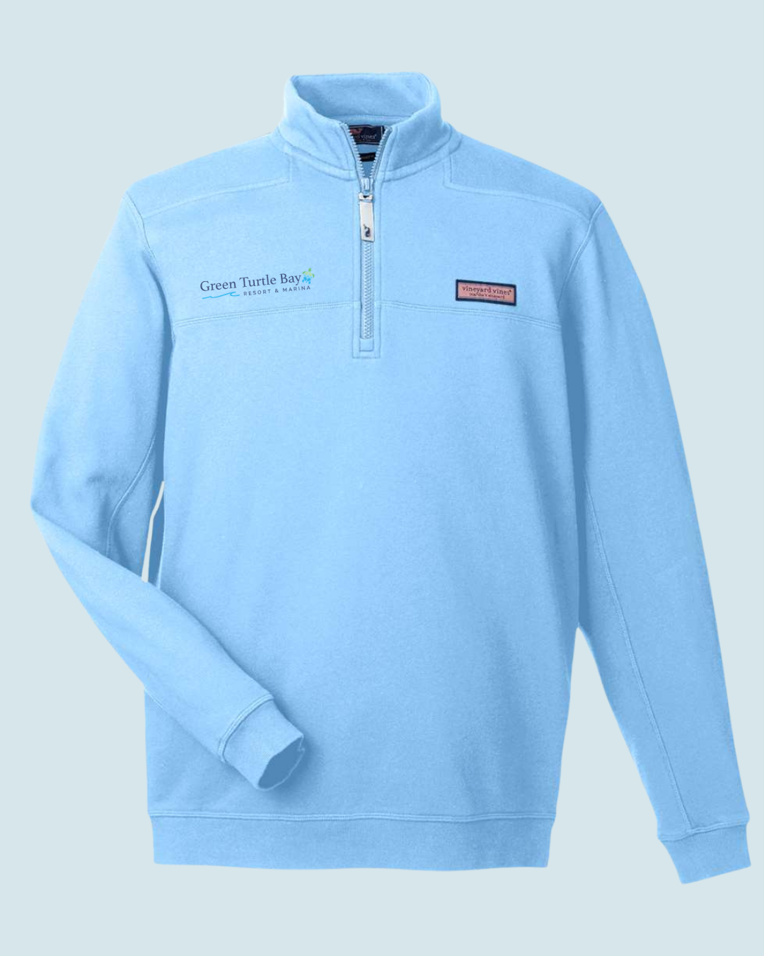 Light blue quarter-zip pullover sweatshirt with a small chest logo on a plain background