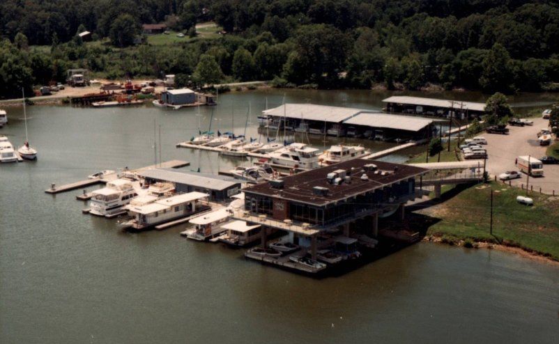 an aerial view of a green turtley bay marina with boats docked