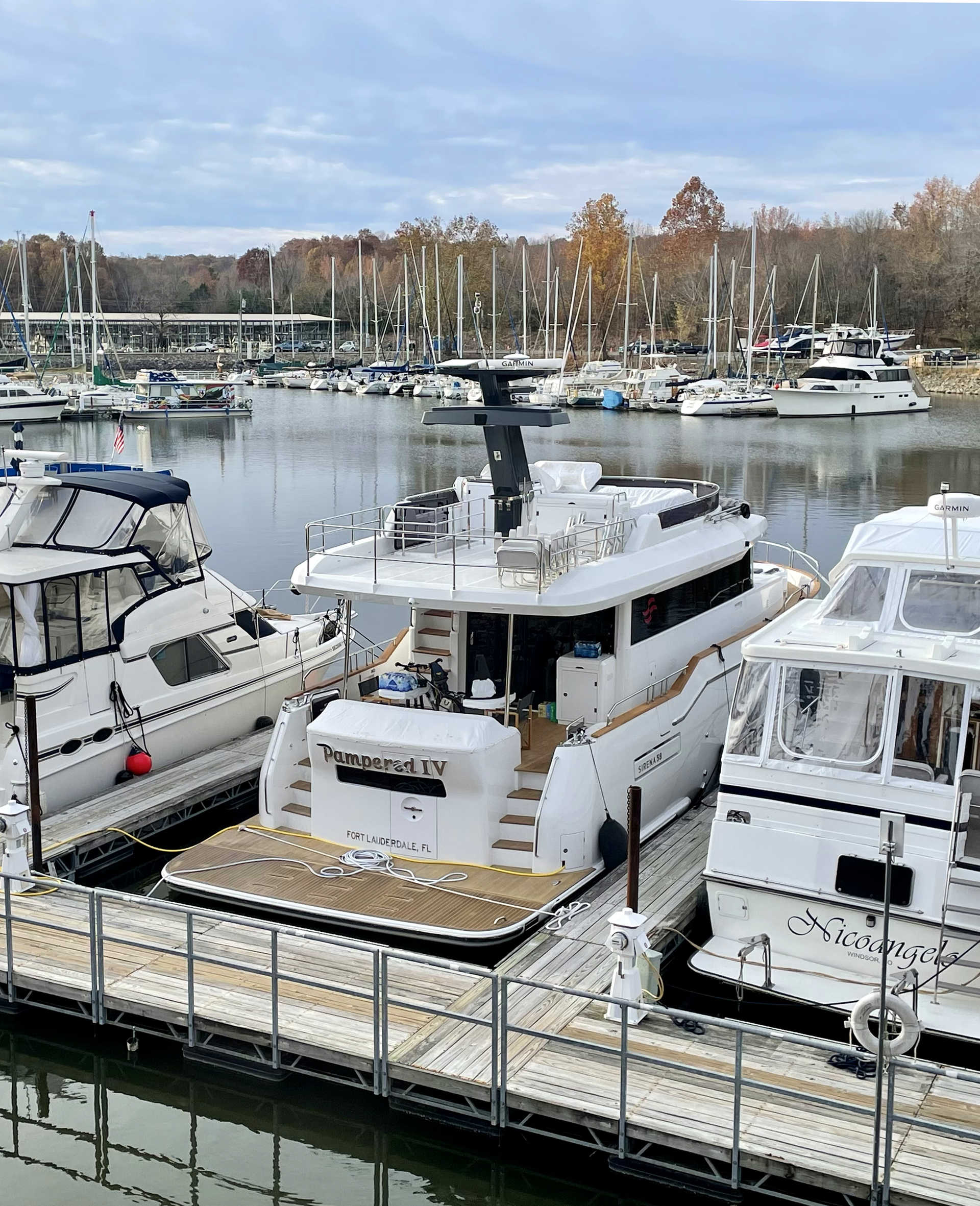 A group of boats are docked at a marina.