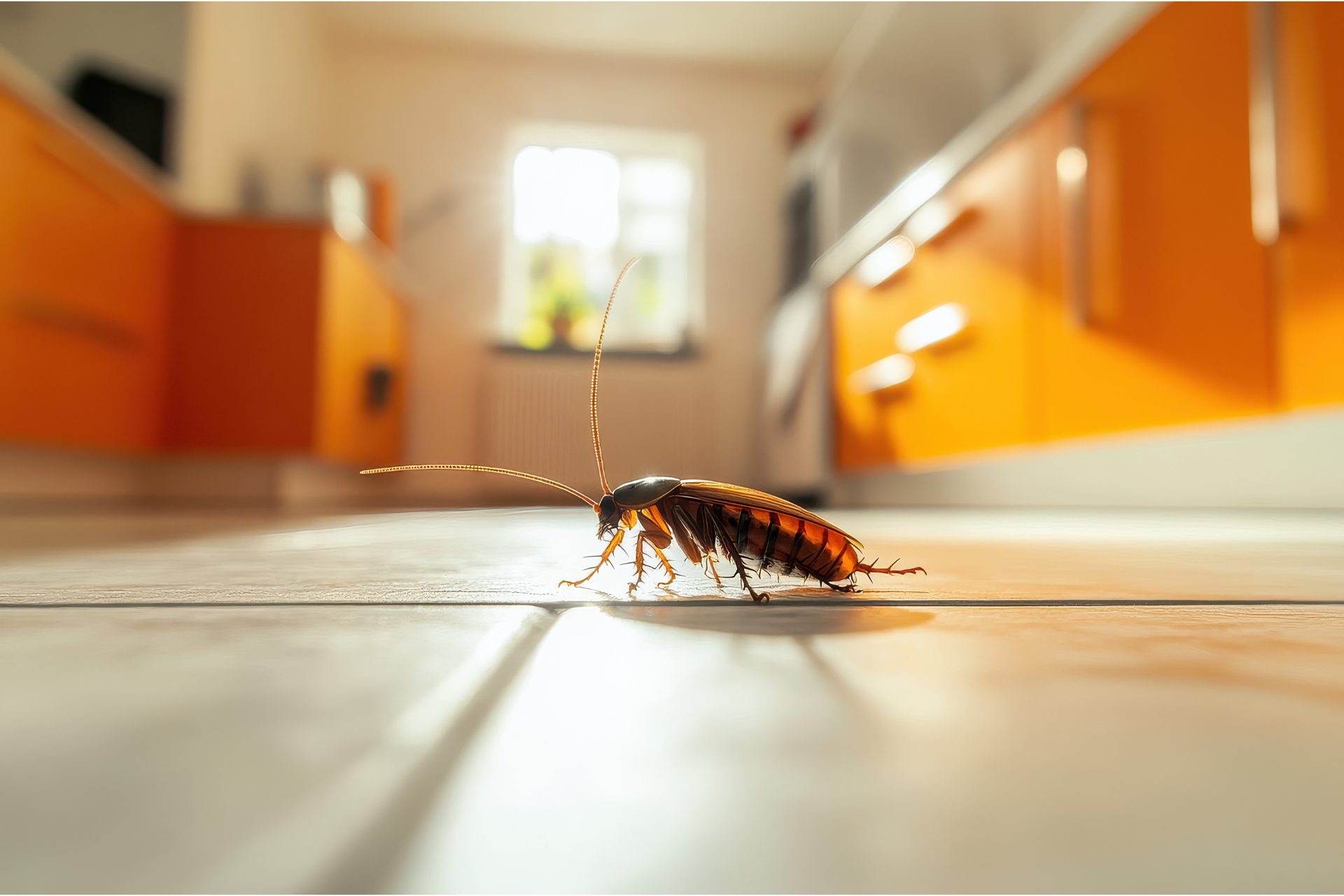 Cockroach on a kitchen floor with orange cabinets in the background